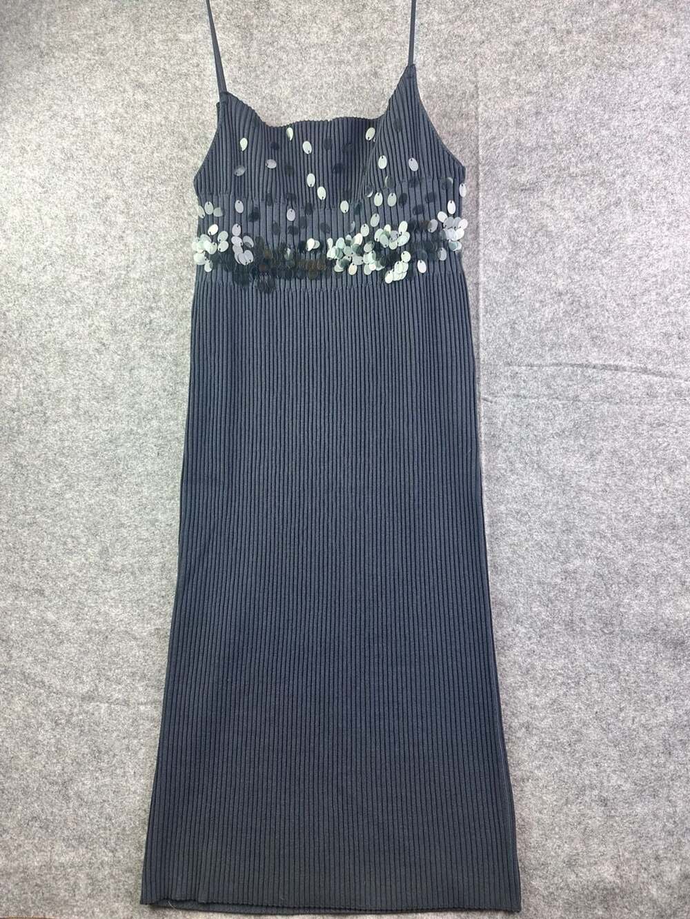 Zara Ribbed Knit Sequinned Midi Dress Dark Gray Size M